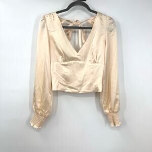 NEW All In Favor Satin Crop Top S Cream Smocked Renaissance Babydoll Y2K